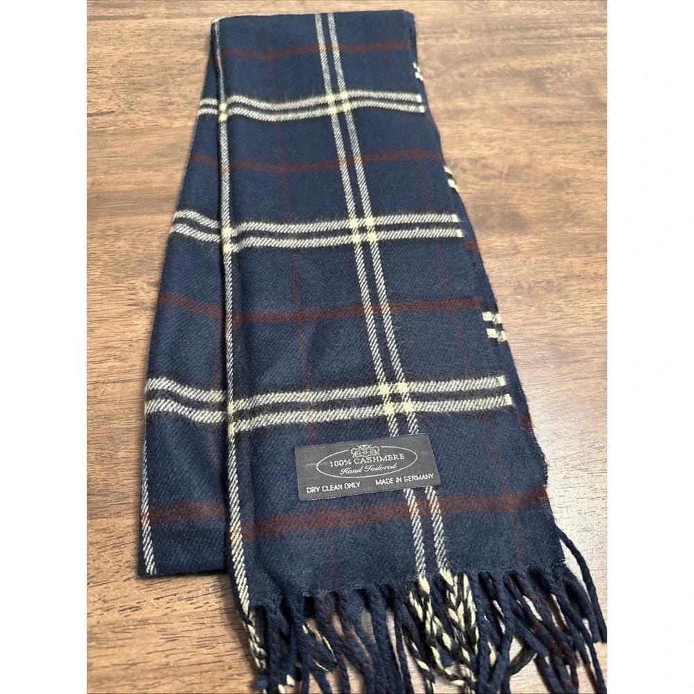 100% Cashmere Hand Tailored Navy Plaid Winter Scarf Tartan 12x60 Germany